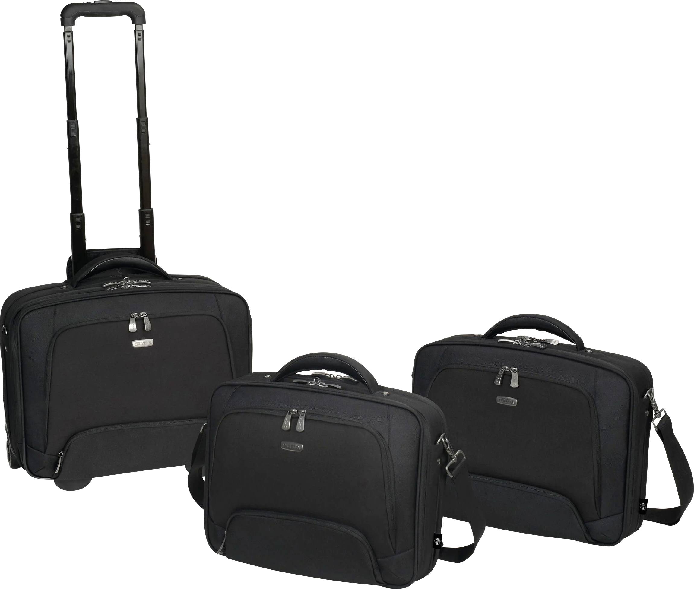 Drei schwarze Laptoptaschen, eine mit Teleskopgriff und Rollen, die anderen mit Tragegriff und Schultergurt, vor weißem Hintergrund.