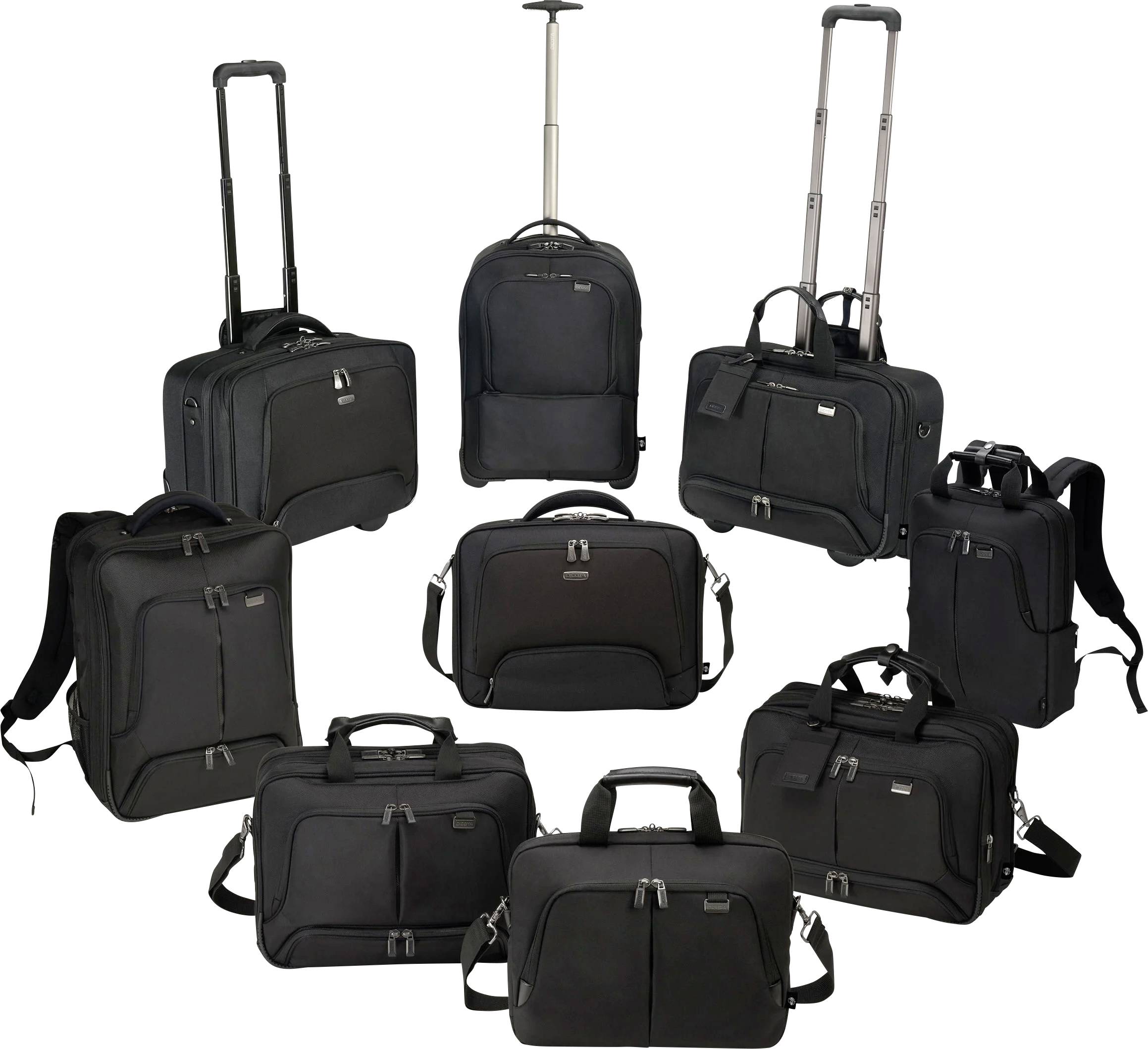 Verschiedene schwarze Rollkoffer und Aktentaschen in unterschiedlichen Größen und Formen, nebeneinander aufgestellt.