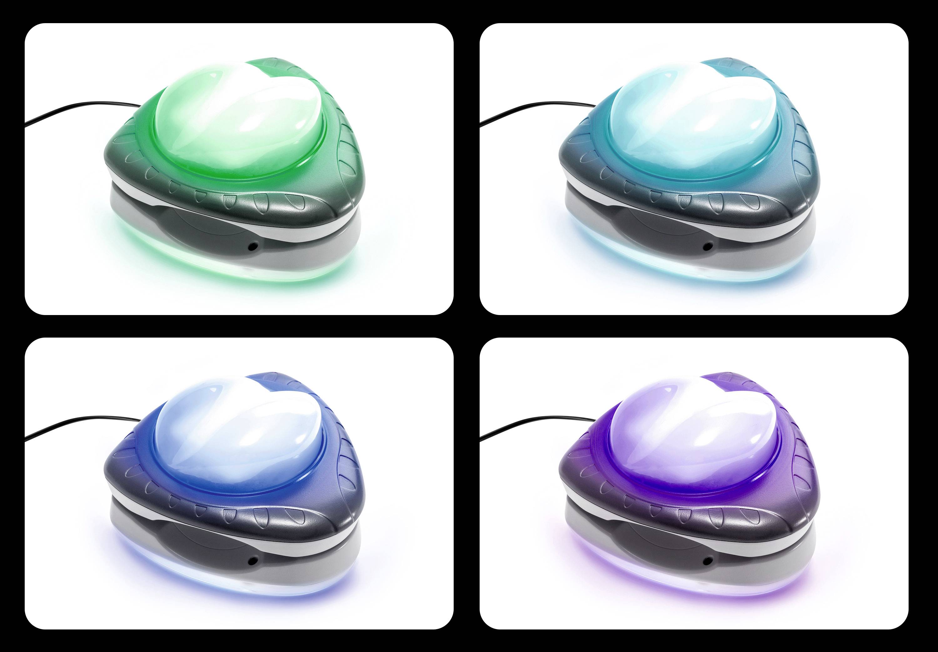 Vier LED-Lampen in verschiedenen Farbmodi: grün, cyan, blau, lila. Jede Lampe hat ein kabelgebundenes Design, umgeben von einem schwarzen Rahmen.