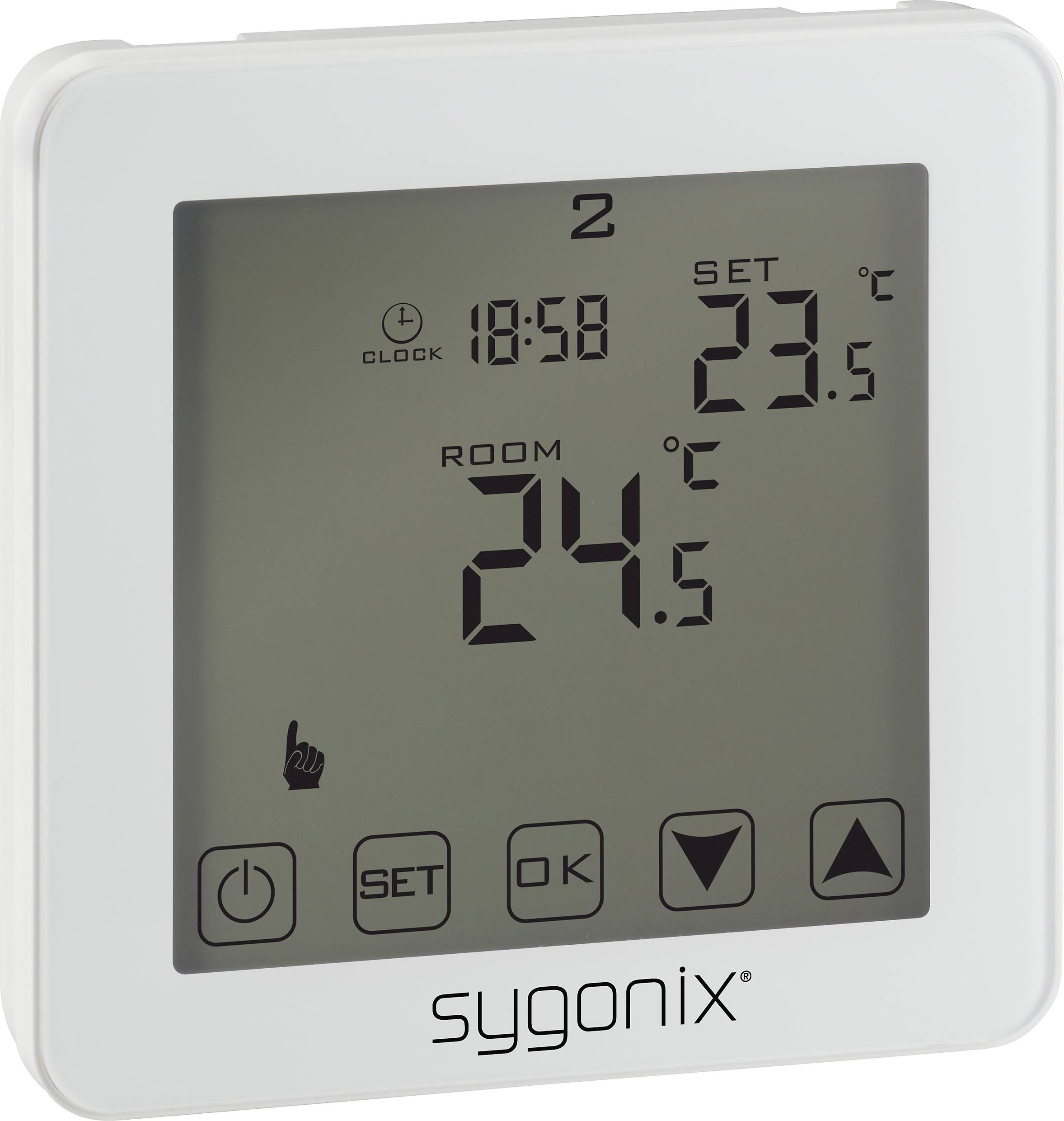 Digitaler Thermostat mit Anzeige: Uhrzeit '18:58', eingestellte Temperatur '23,5°C', Raumtemperatur '24,5°C', Tasten unten.