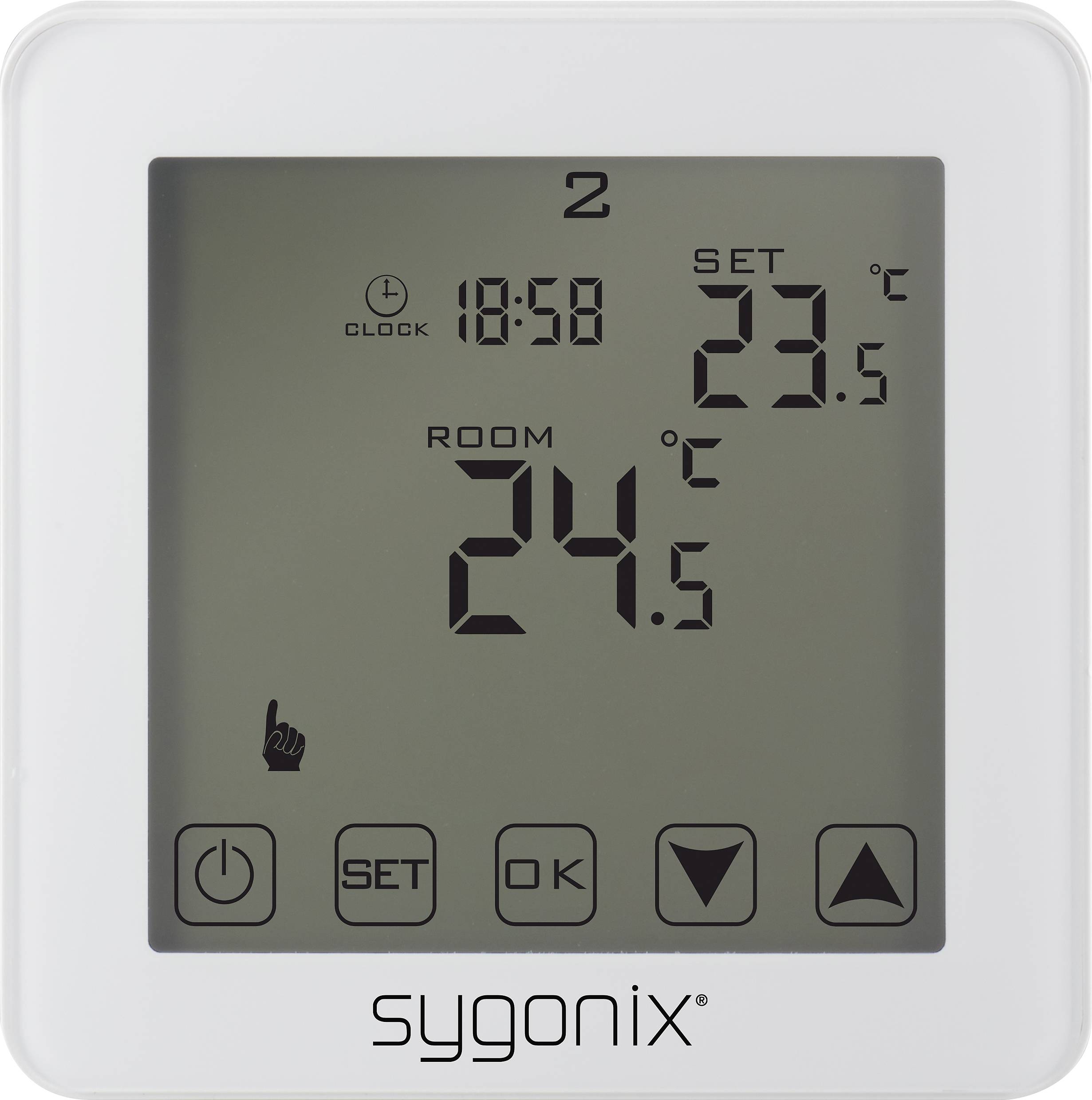 Digitales Thermostat zeigt Uhrzeit 18:58, eingestellte Temperatur 23,5°C, Raumtemperatur 24,5°C, Symbole für Einstellungen.