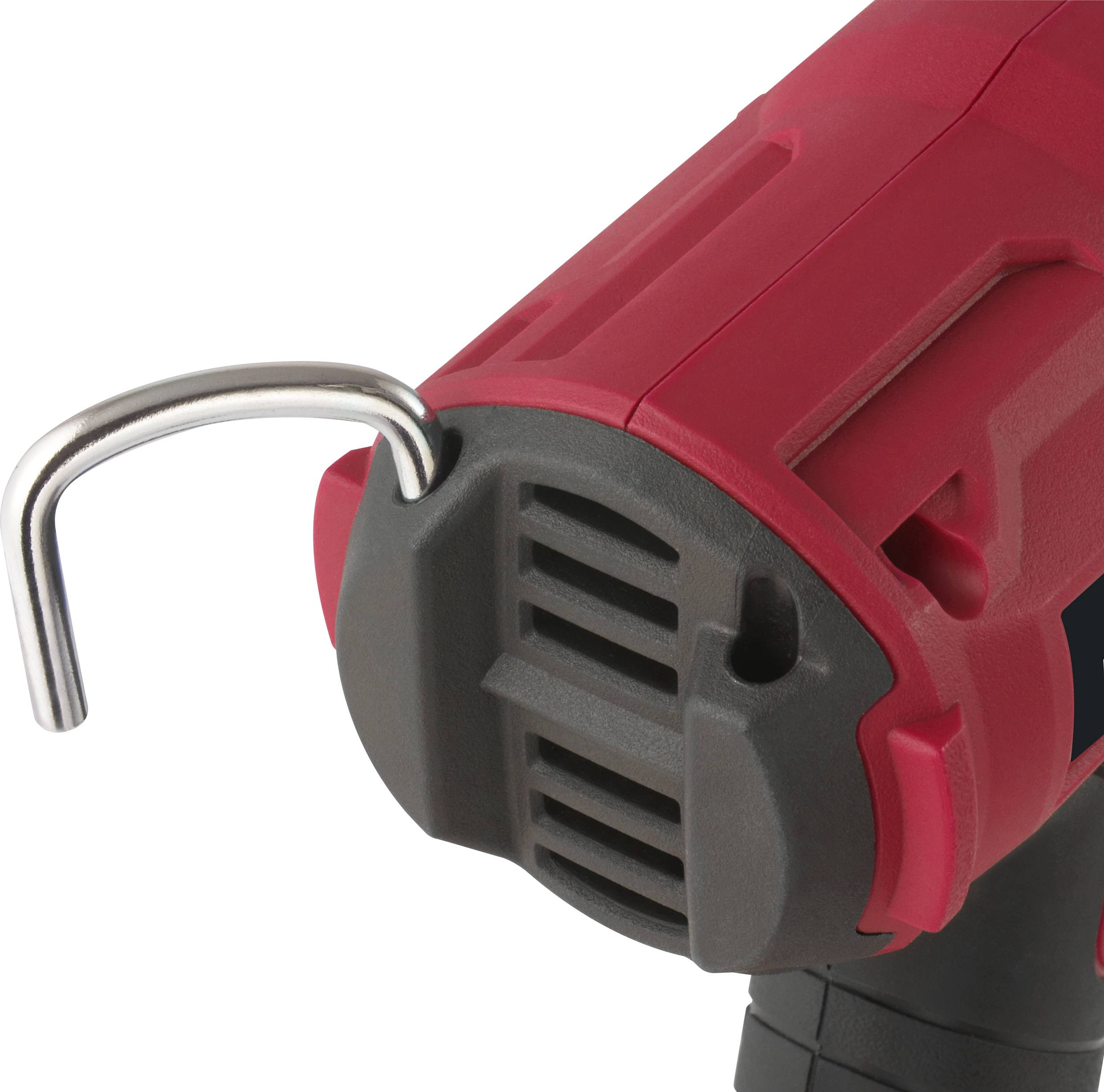 Roter Akkuschrauber mit Haken an der Rückseite, Ansicht von hinten.