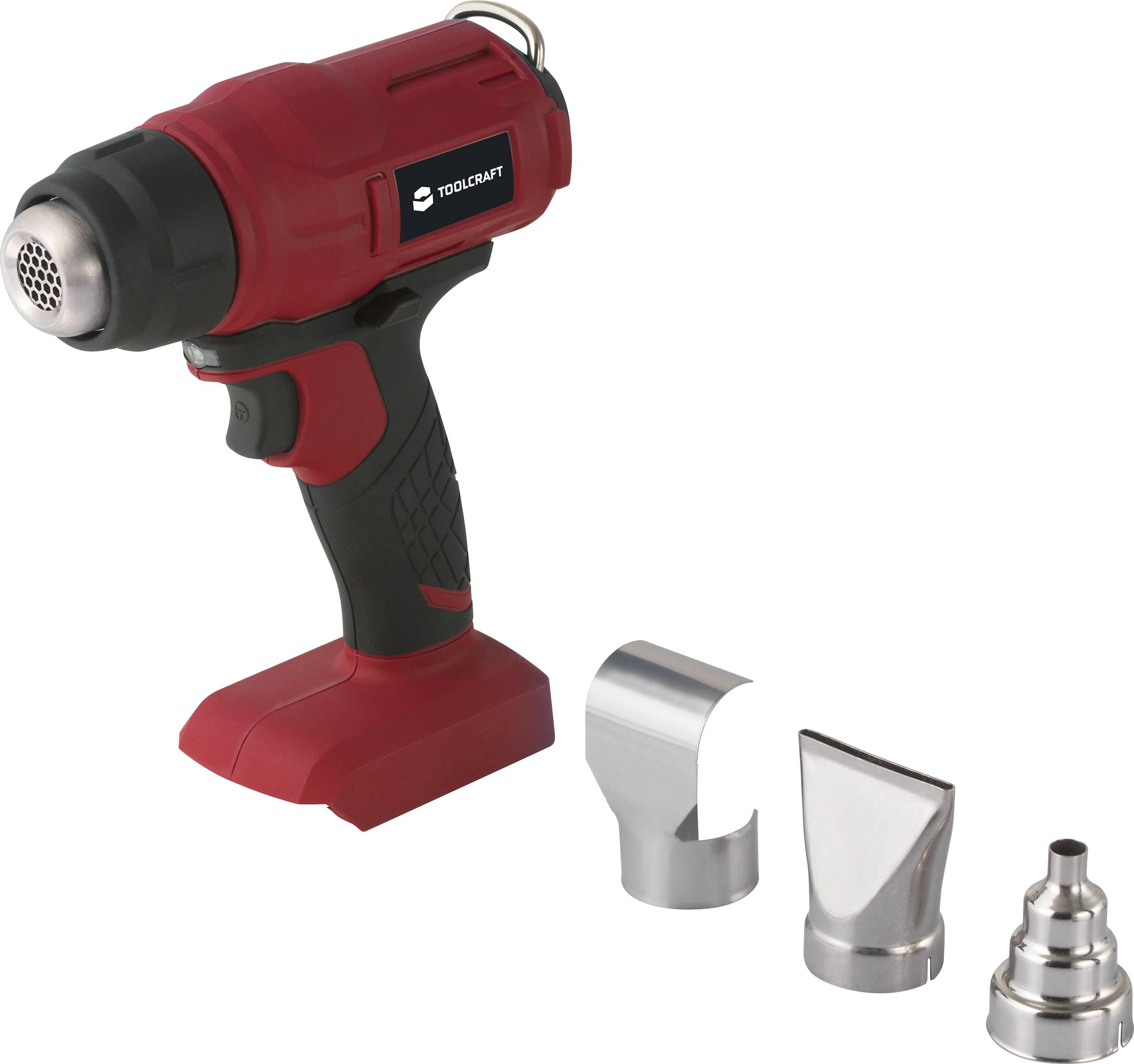 Roter Heißluftföhn mit ergonomischem Griff, abgebildet neben drei verschiedenen Düsenaufsätzen zur Anpassung des Luftstroms.