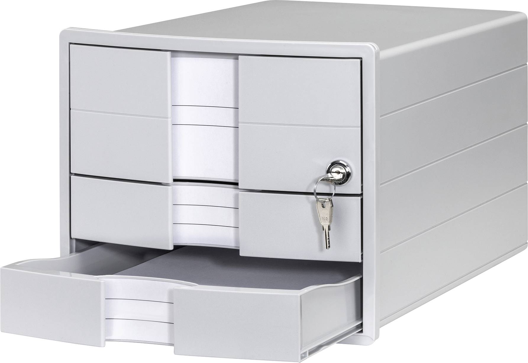 Metallischer Aktenschrank mit drei Schubladen, eine davon offen. Ein Schlüssel steckt im Schloss, was Sicherheit andeutet.