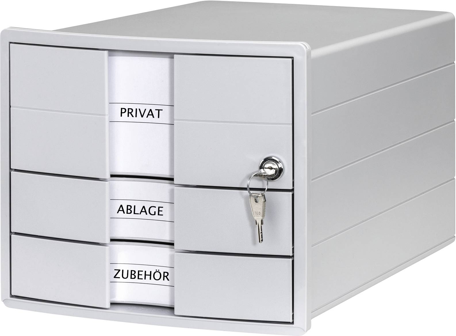 Ein silberner Schubladenschrank mit drei Fächern, beschriftet mit 'Privat', 'Ablage' und 'Zubehör'. Ein Schlüssel steckt im Schloss.