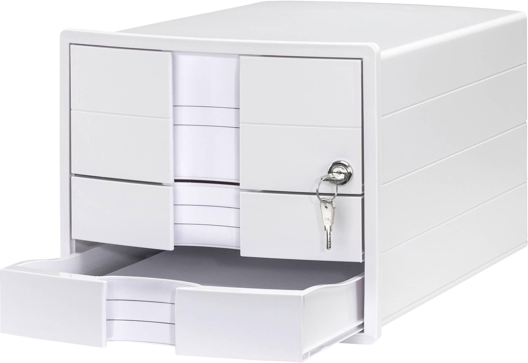 Weiße Schubladenbox mit offenem Fach und Schlüssel im Schloss, zur Aufbewahrung von Dokumenten oder Büroartikeln.