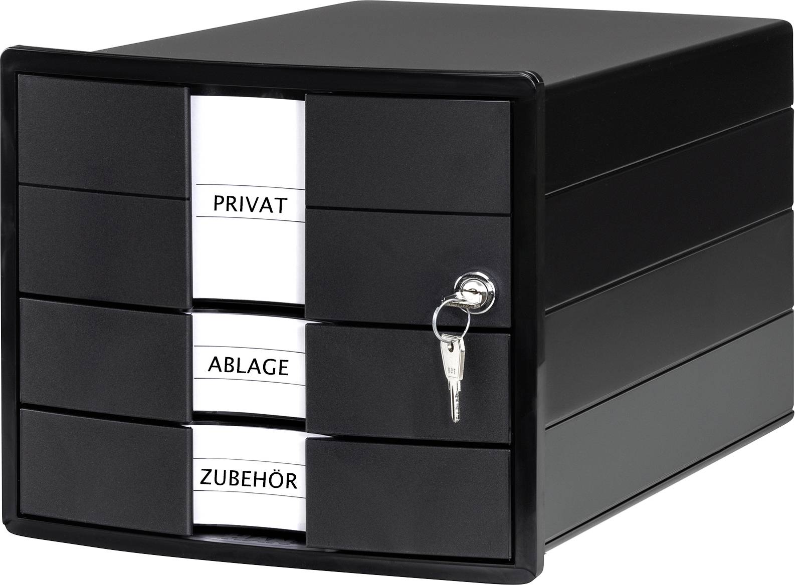 Schwarze Schubladenbox mit sechs Fächern, beschriftet mit 'PRIVAT', 'ABLAGE', 'ZUBEHÖR'. Eine Schublade ist mit einem Schlüssel verschlossen.