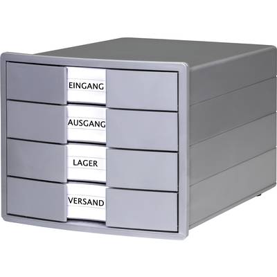 Graue Ablagebox mit vier Schubladen, beschriftet mit 'Eingang', 'Ausgang', 'Lager' und 'Versand'. Ideal zur Büroorganisation.