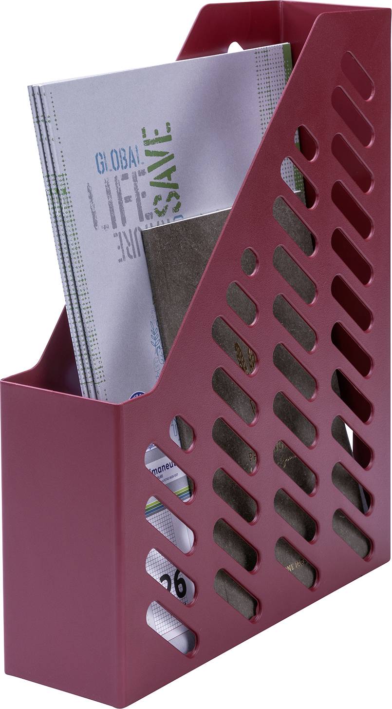 Roter Zeitschriftenhalter mit mehreren Zeitschriften und Dokumenten darin. Der Halter hat ein modernes, durchbrochenes Design.