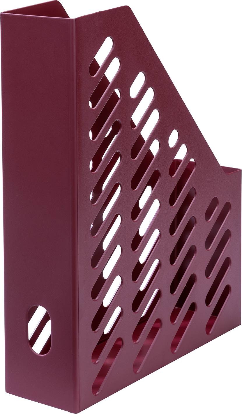 Ein roter Stehsammler mit diagonalen Schlitzen zur Aufbewahrung von Dokumenten, steht aufrecht.