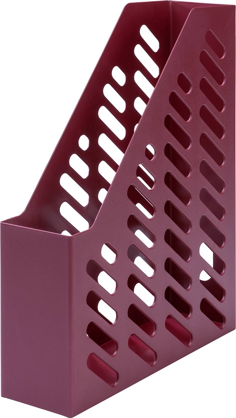 Ein roter Stehsammler mit diagonalen Aussparungen, geeignet zur Aufbewahrung von Zeitschriften oder Dokumenten.