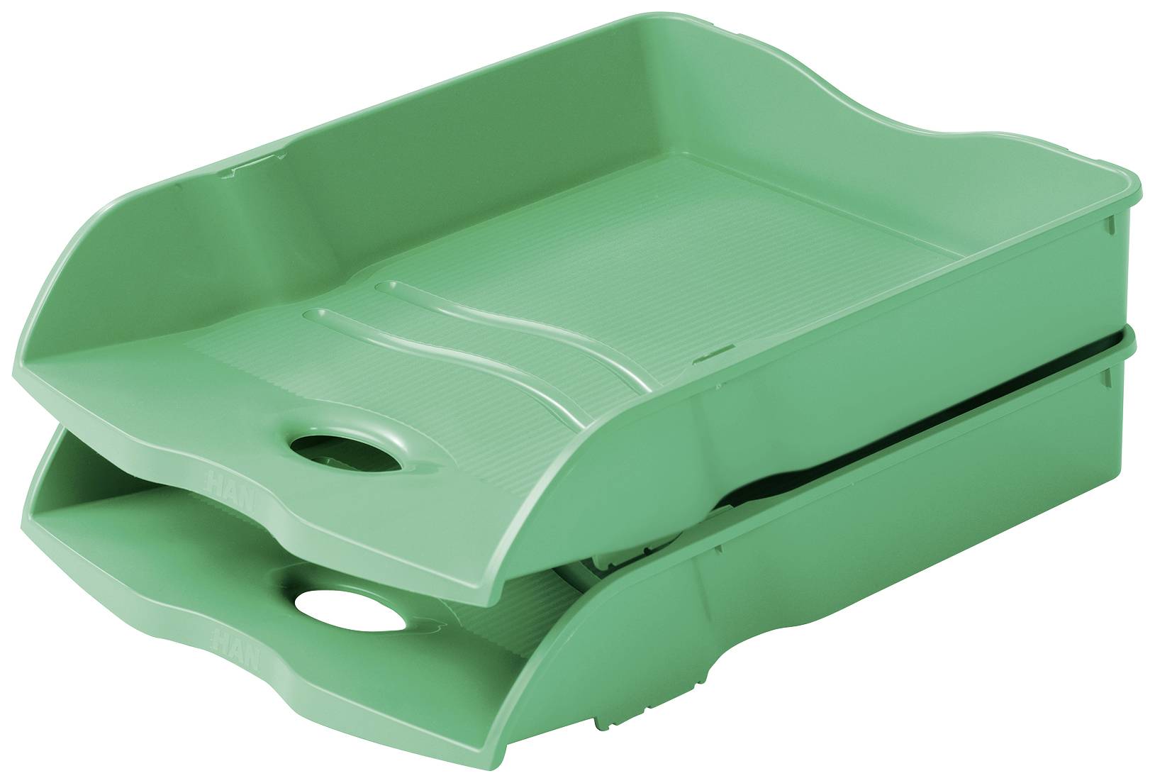 Zwei grüne Briefablagen aus Plastik sind übereinander gestapelt.