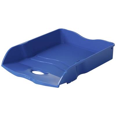 Blauer Briefablagekorb aus Kunststoff, leer, mit abgerundeten Kanten.
