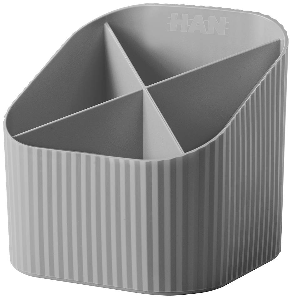 'Grauer, vierfach unterteilter Stiftehalter aus Kunststoff mit gerippter Oberfläche.'