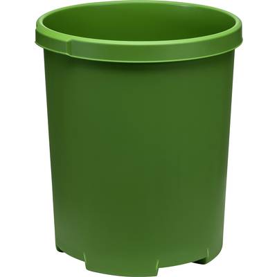 Grüner Plastikmülleimer mit rundem Design, stehend.