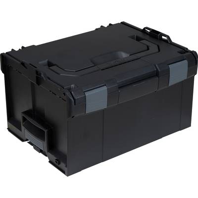 Schwarze Kunststoffbox mit Klappdeckel, seitlichen Riegeln und tragbarem Griff. Geeignet zur Aufbewahrung oder zum Transport von Werkzeugen.