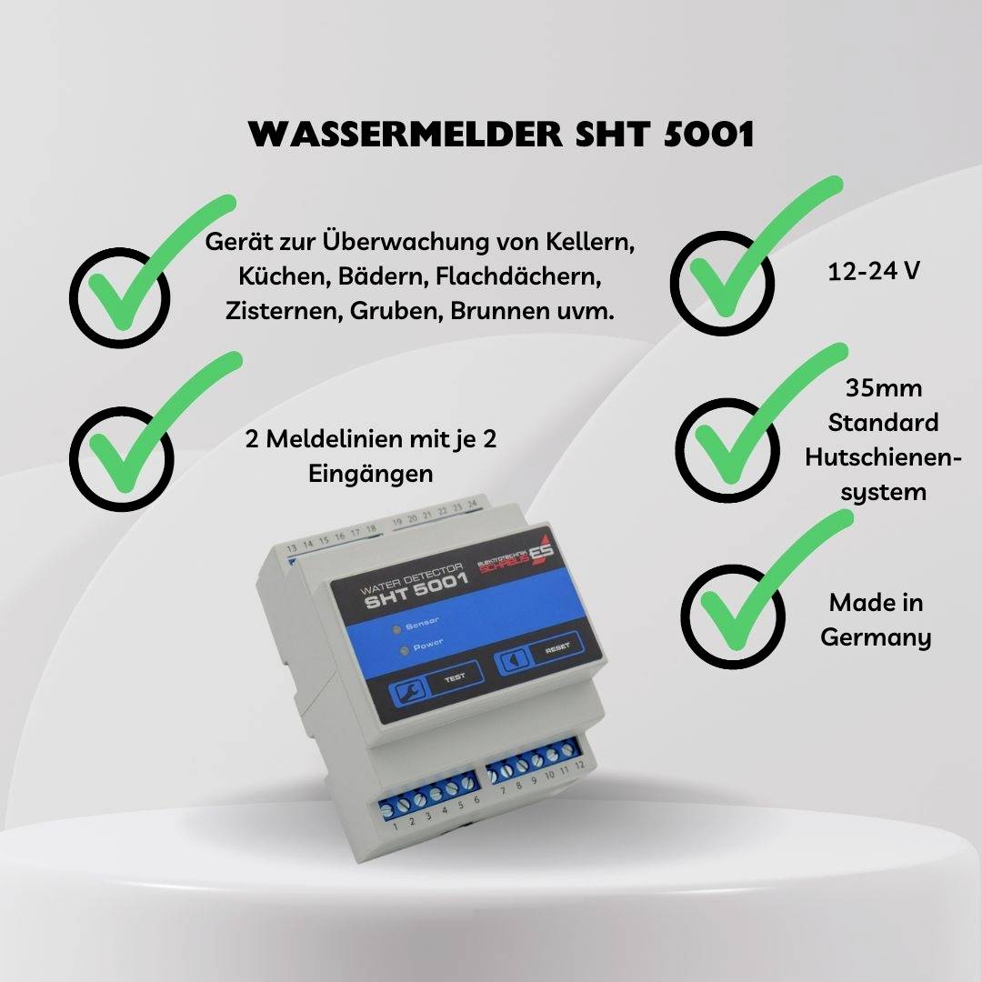 Das Bild zeigt einen Wassermelder SHT 5001 mit Eigenschaften: Überwachung von Kellern usw., 12-24 V, Hutschienenmontage, Made in Germany.