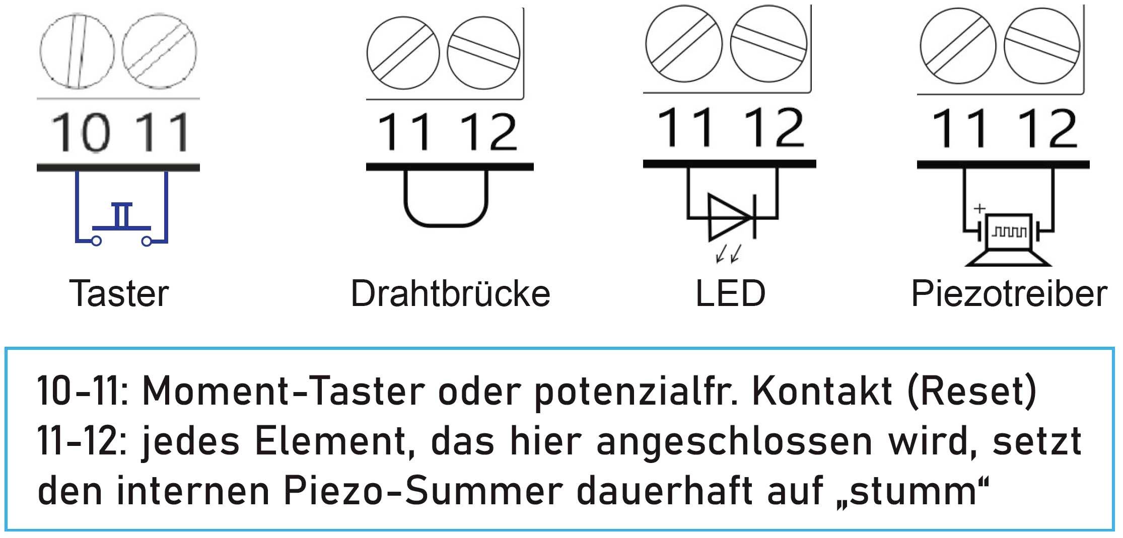 'Taster, Drahtbrücke, LED und Piezotreiber mit Erklärungen in einer technischen Schaltung. Beschreibung der Funktionsweise von 10-11 und 11-12.'