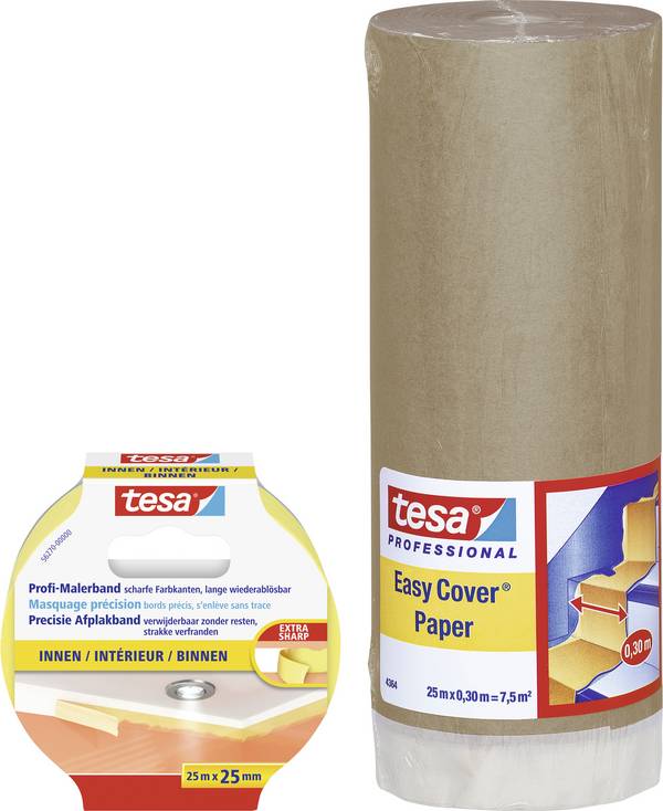 tesa Abdeckpapier tesa® Easy Cover Hellbraun, Gelb  inkl. Malerband PRECISION INDOOR 25 m x 25 mm, Beschriftbar, Hohe Reißfestigkeit, Lösungsmittelfrei, Rückstandsfrei entfernbar, UV-Beständig, Von Hand abreißbar  1 Set