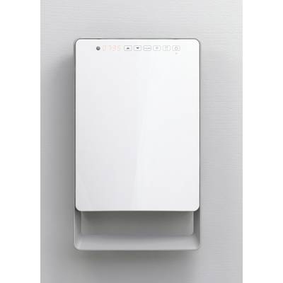 Weiße, rechteckige Klimaanlage an der Wand mit digitalem Display und Touch-Bedienfeld.