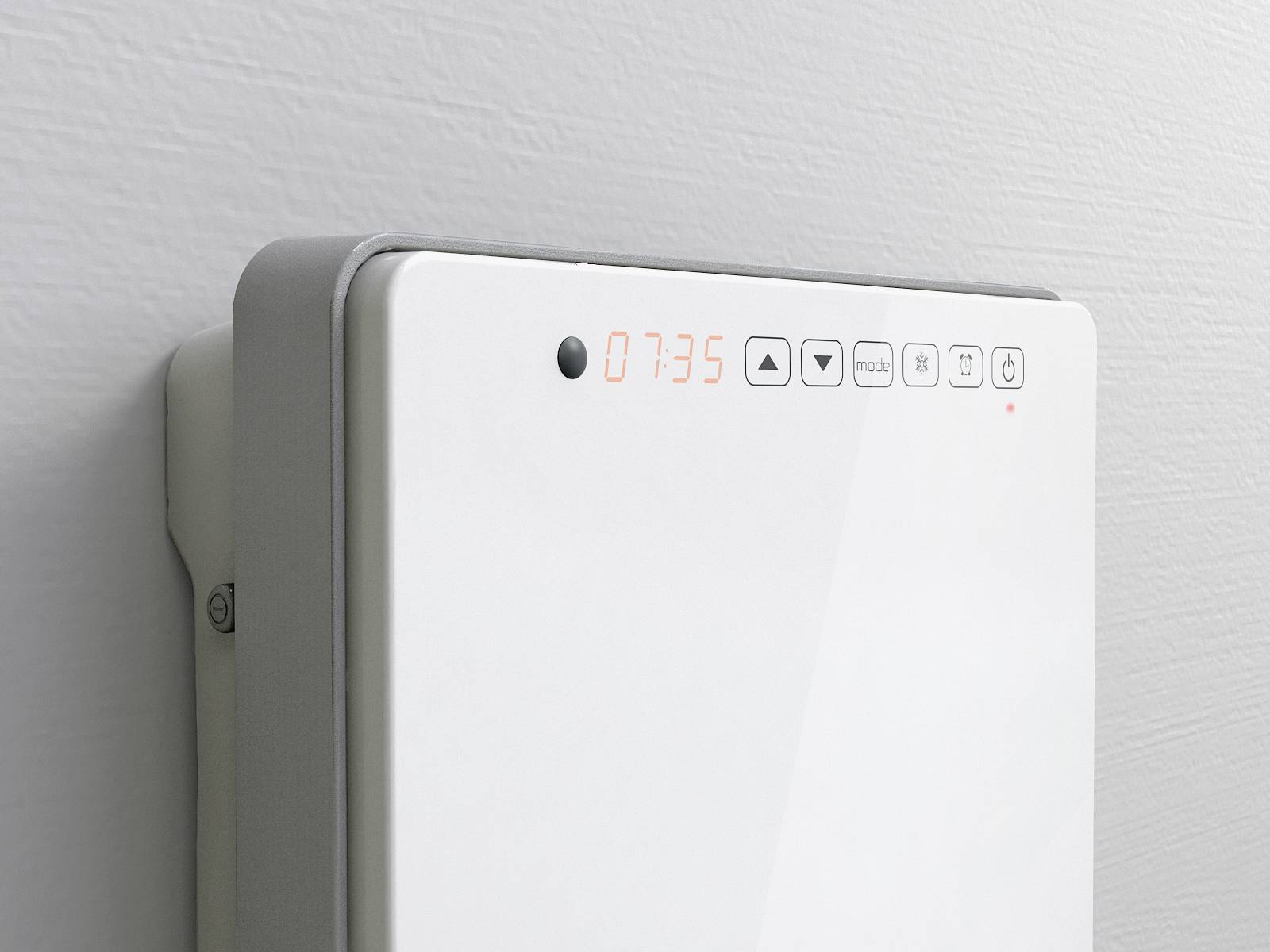 Wandthermostat mit digitaler Anzeige zeigt '07:35', Tasten für Einstellungen, Symbolleiste für Temperatursteuerung und Moduswechsel.
