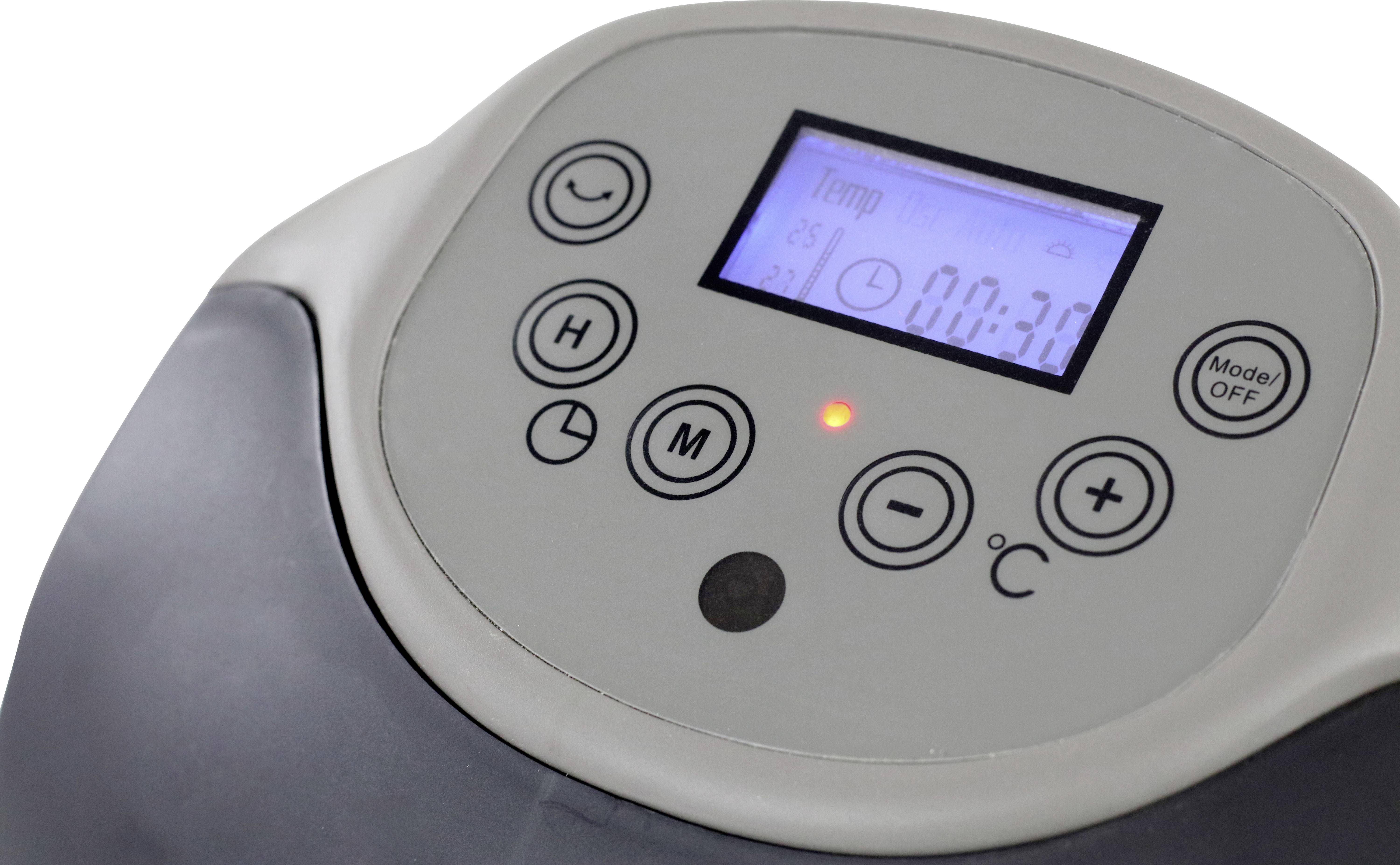 Bedienfeld eines elektronischen Geräts mit einem Display, das 'Temp' und eine Zeitanzeige zeigt. Umliegende Tasten zur Steuerung.
