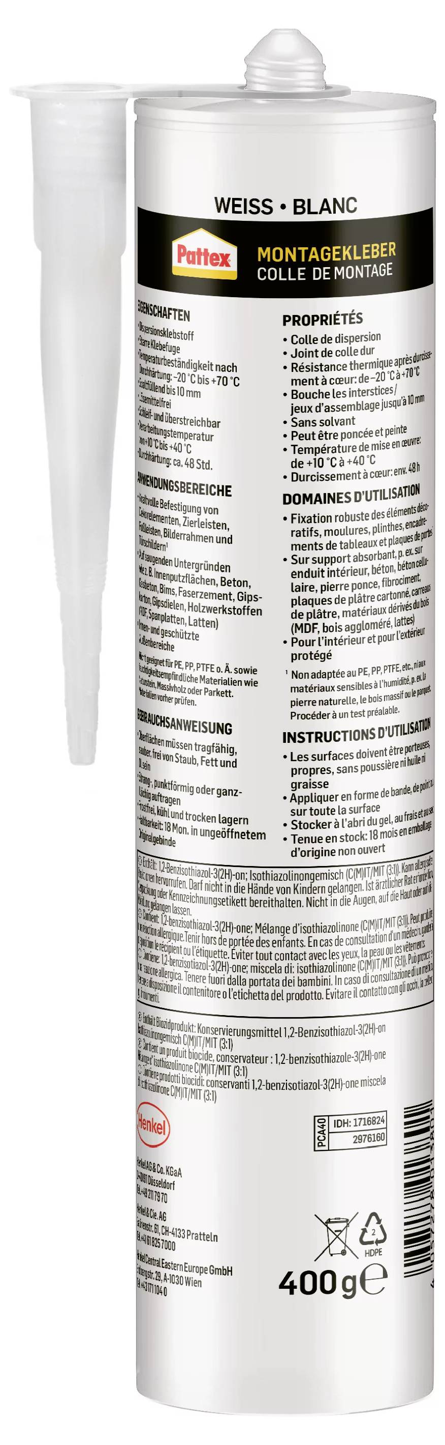 Kartusche mit Montagekleber von Pattex, 400g, mit weißer Düse. Enthält Anwendungshinweise, Sicherheitsinformationen und Produktspezifikationen.