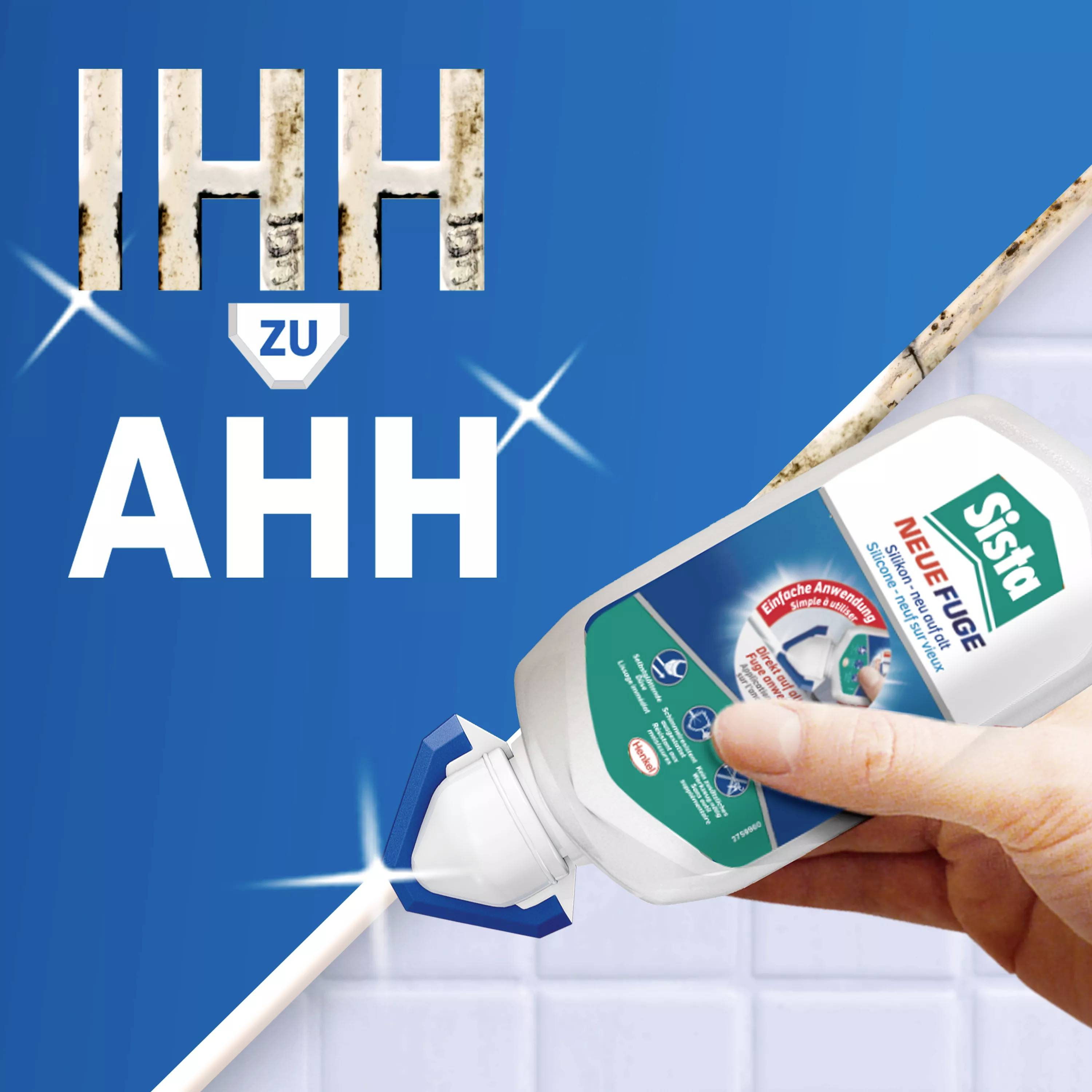 'SIKA' Produktwerbung: Vorher-Nachher-Vergleich von Schimmelresten und sauberer Fuge mit Reinigungsmittel. Text: 'IHH zu AHH'.