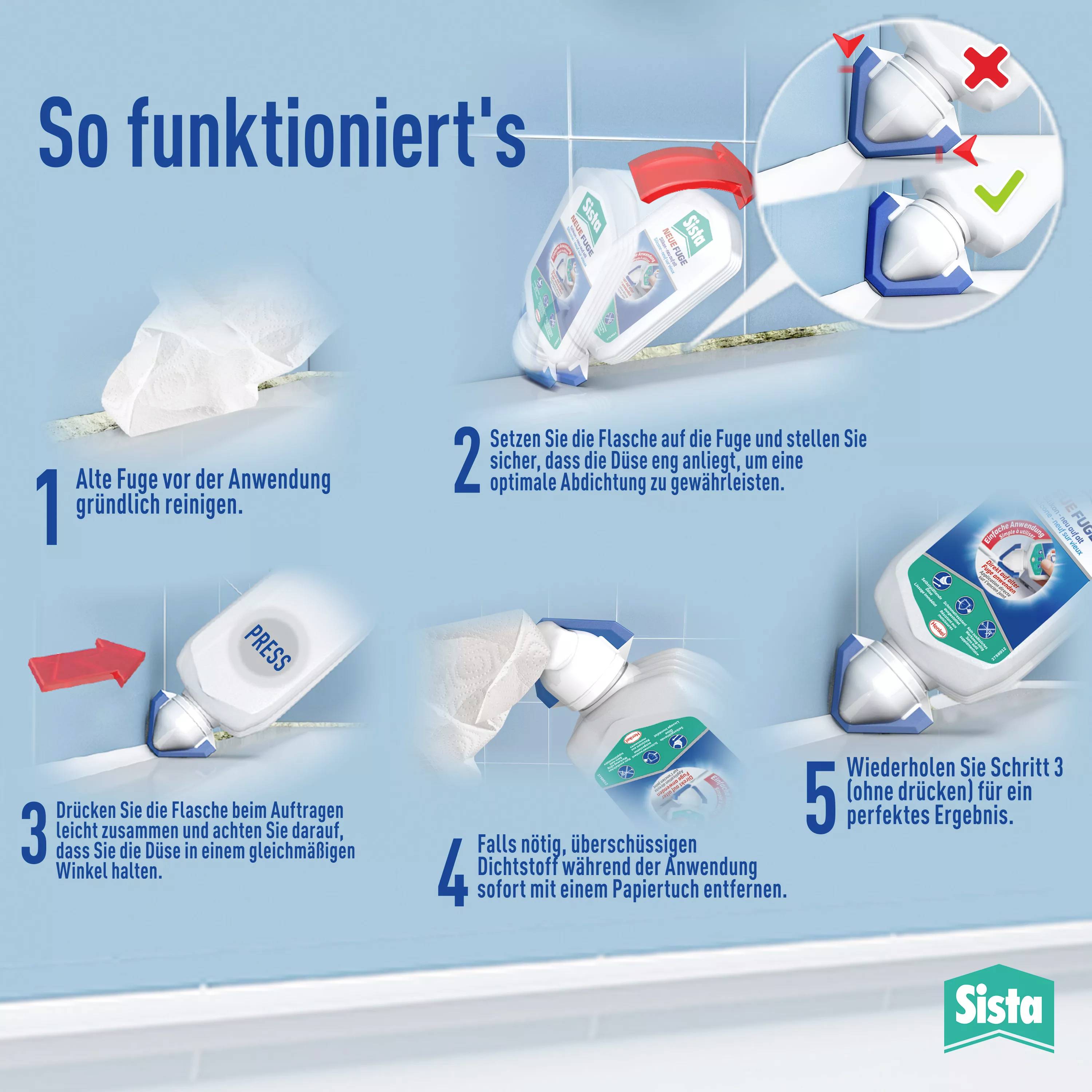 "So funktioniert's": Anleitung zum Abdichten mit einem Fugenabdichter in 5 Schritten, Schritt 1 bis 5 mit Bildern veranschaulicht.