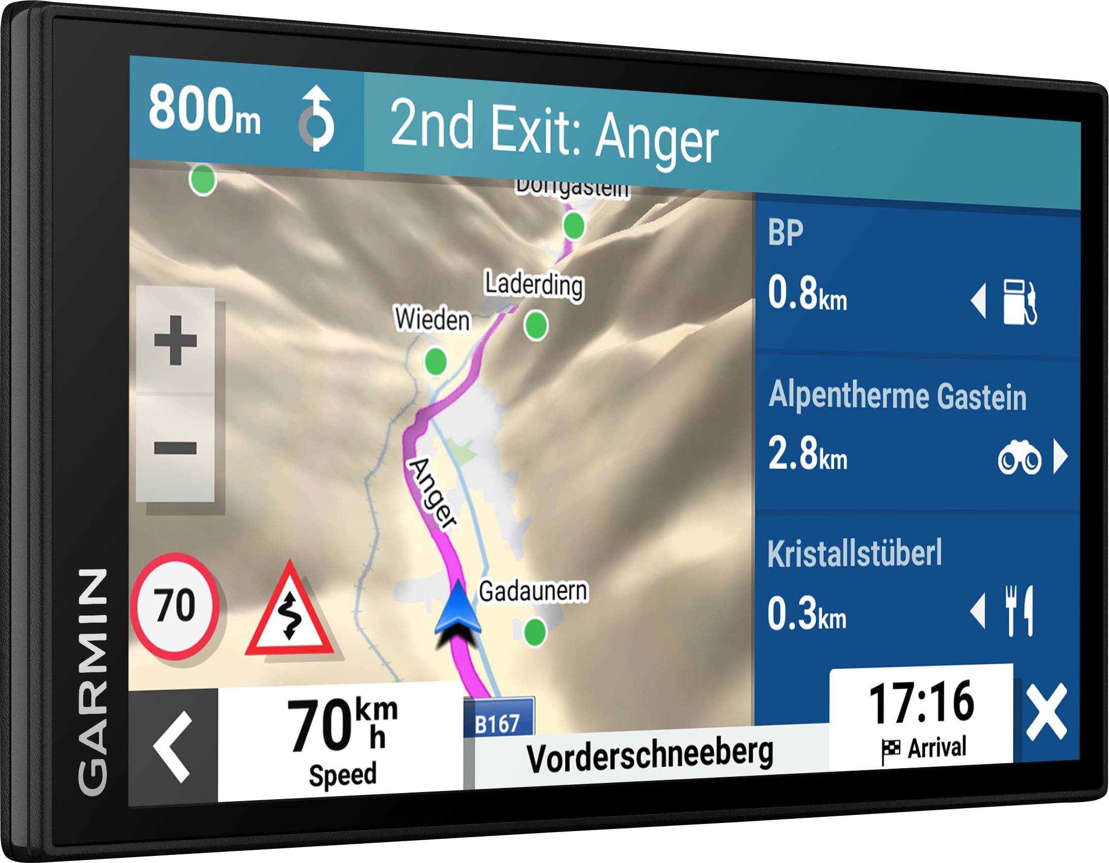 Ein GPS-Navigationsgerät zeigt eine Karte mit Wegbeschreibung zur Ausfahrt 'Anger'. Geschwindigkeit: 70 km/h, Ankunftszeit: 17:16.
