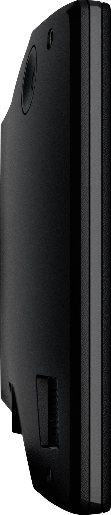 Schwarzes, schlankes elektronisches Gerät in seitlicher Ansicht mit abgerundeten Kanten, möglicherweise ein Mobiltelefon oder Tablet.