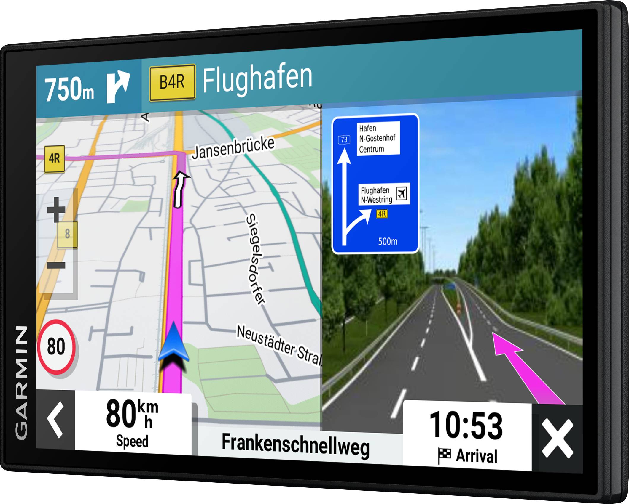 Navigationsgerät zeigt Weg zur 'Flughafen'-Route. Links: Karte mit pinkem Pfeil. Rechts: realistische Straßenansicht. Geschwindigkeit 80 km/h, Ankunft 10:53 Uhr.