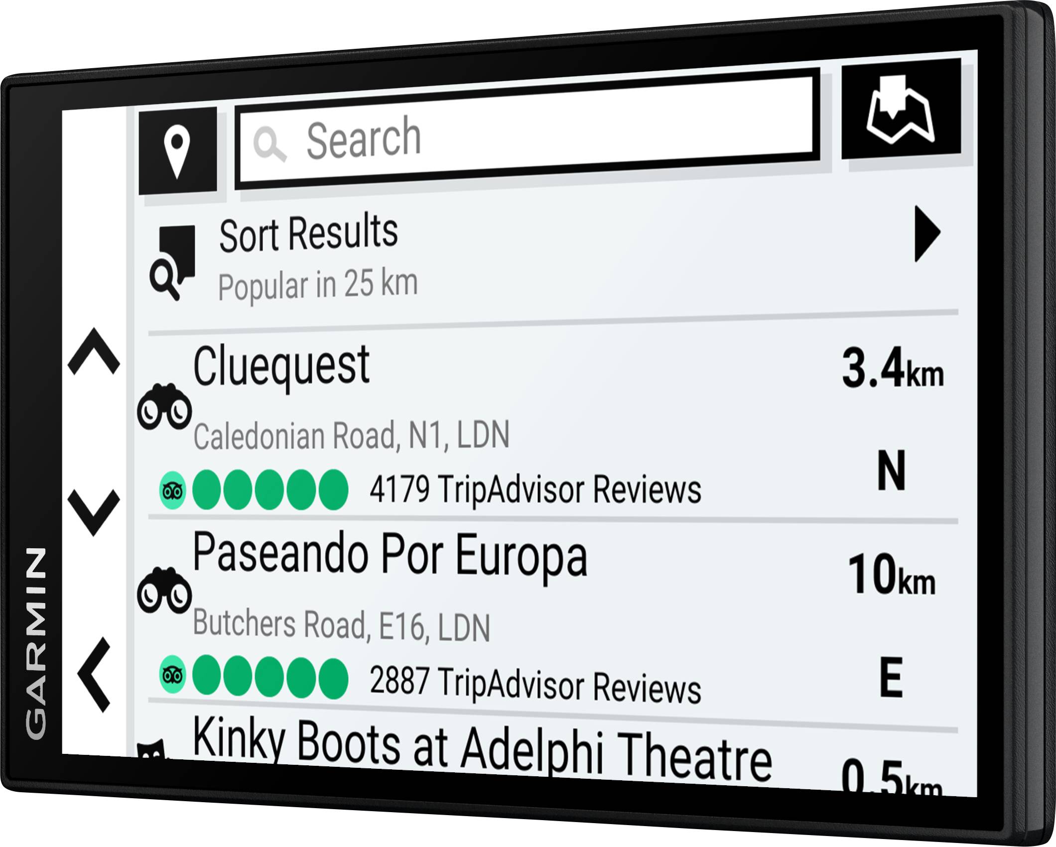'Garmin GPS-Navigationsgerät mit Suchergebnisseite. Zeigt Orte in London: Cluequest, Paseando Por Europa, Kinky Boots. Distanzen: 3,4 km, 10 km. Bewertungen von TripAdvisor.'