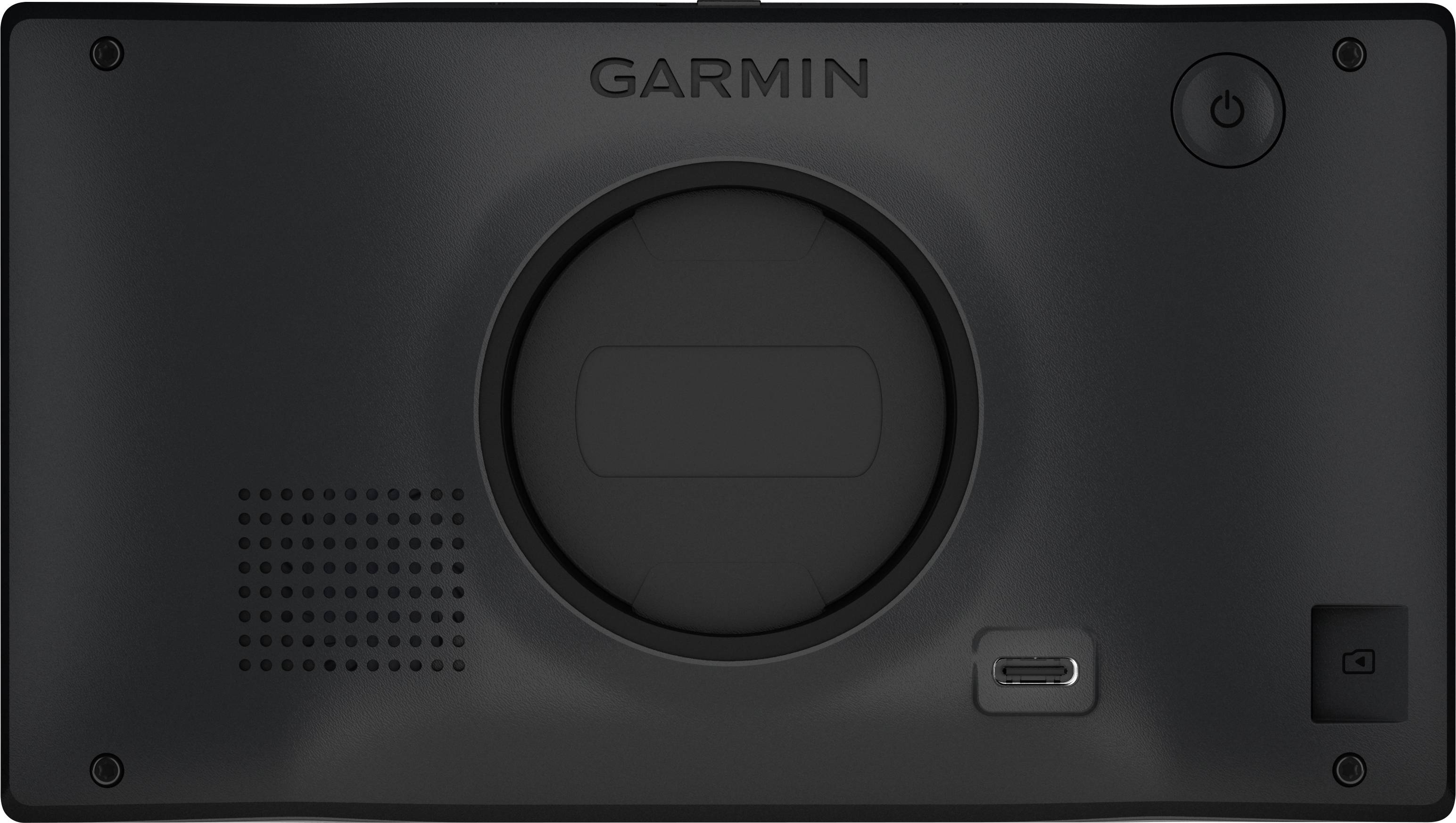 Rückseite eines Garmin-Geräts mit Ladeanschluss, Lautsprechergitter und Ein-/Aus-Taste.