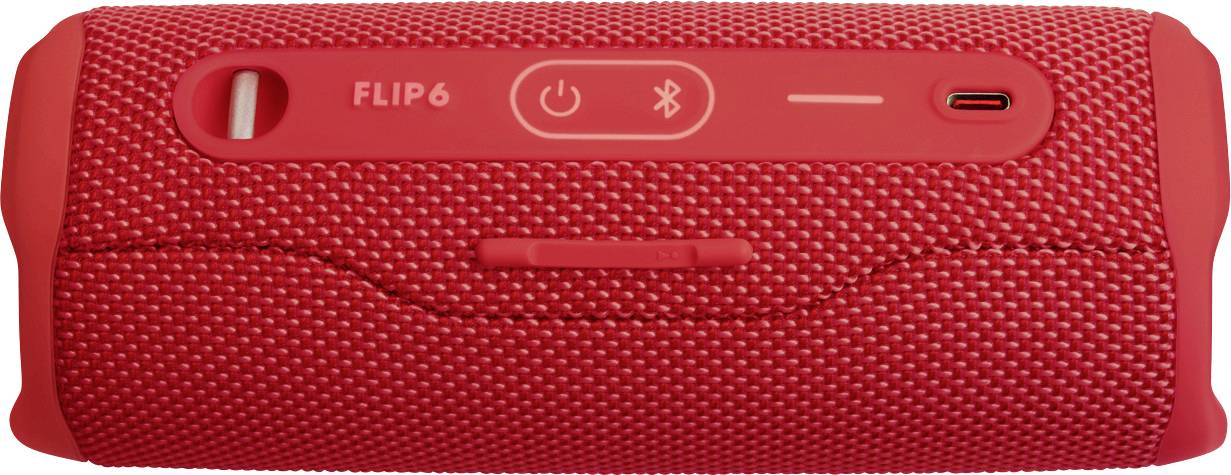 Roter, tragbarer Lautsprecher mit Tasten für Ein-/Ausschalten und Bluetooth-Verbindung, Steckanschlüssen und der Bezeichnung 'FLIP 6'.