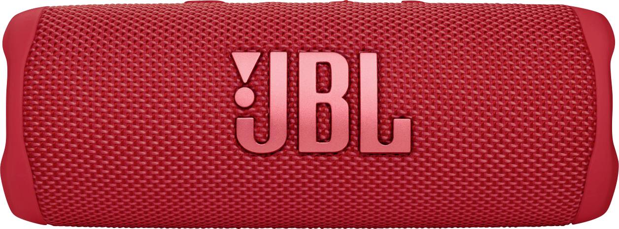 Roter tragbarer Lautsprecher mit JBL-Logo in der Mitte, Textur aus feinem Netzstoff.