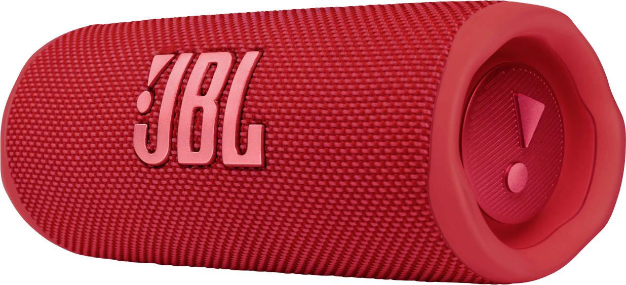Roter tragbarer Bluetooth-Lautsprecher mit auffälligem 'JBL'-Logo und strukturiertem Gehäuse, geeignet für Musik unterwegs.