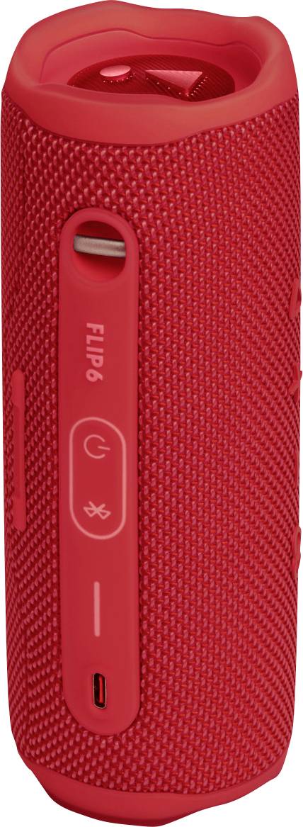 Roter tragbarer Bluetooth-Lautsprecher mit zylinderförmigem Design, Lautstärkeregler und Anschlüssen an der Seite.