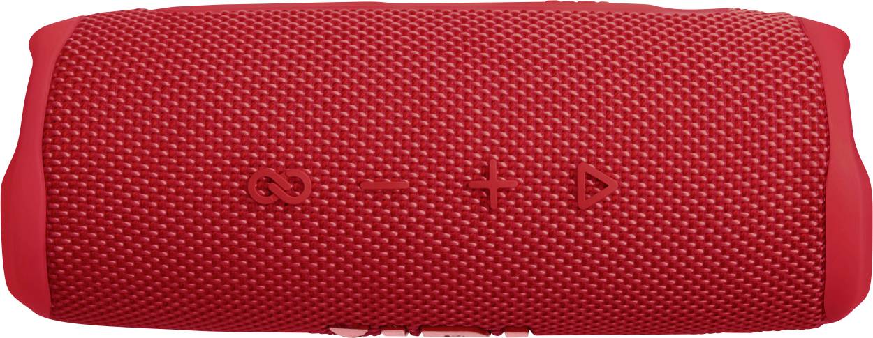 Roter tragbarer Bluetooth-Lautsprecher mit erhabenen Symbolen für Ein-/Ausschalten, Lautstärke und Wiedergabe auf der Vorderseite.