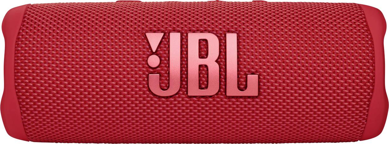 Ein roter tragbarer Lautsprecher mit dem Logo 'JBL' in der Mitte. Das Design ist kompakt und strukturiert mit abgerundeten Ecken.