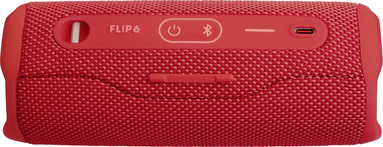 Roter tragbarer Lautsprecher mit Tasten für Strom, Bluetooth und USB-Anschluss oben; markiert mit 'FLIP6'.
