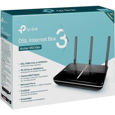 Eine TP-Link DSL Internet Box 3, Modell Archer VR2100v, zeigt technische Details wie WLAN-Geschwindigkeit und Anschlussmöglichkeiten.