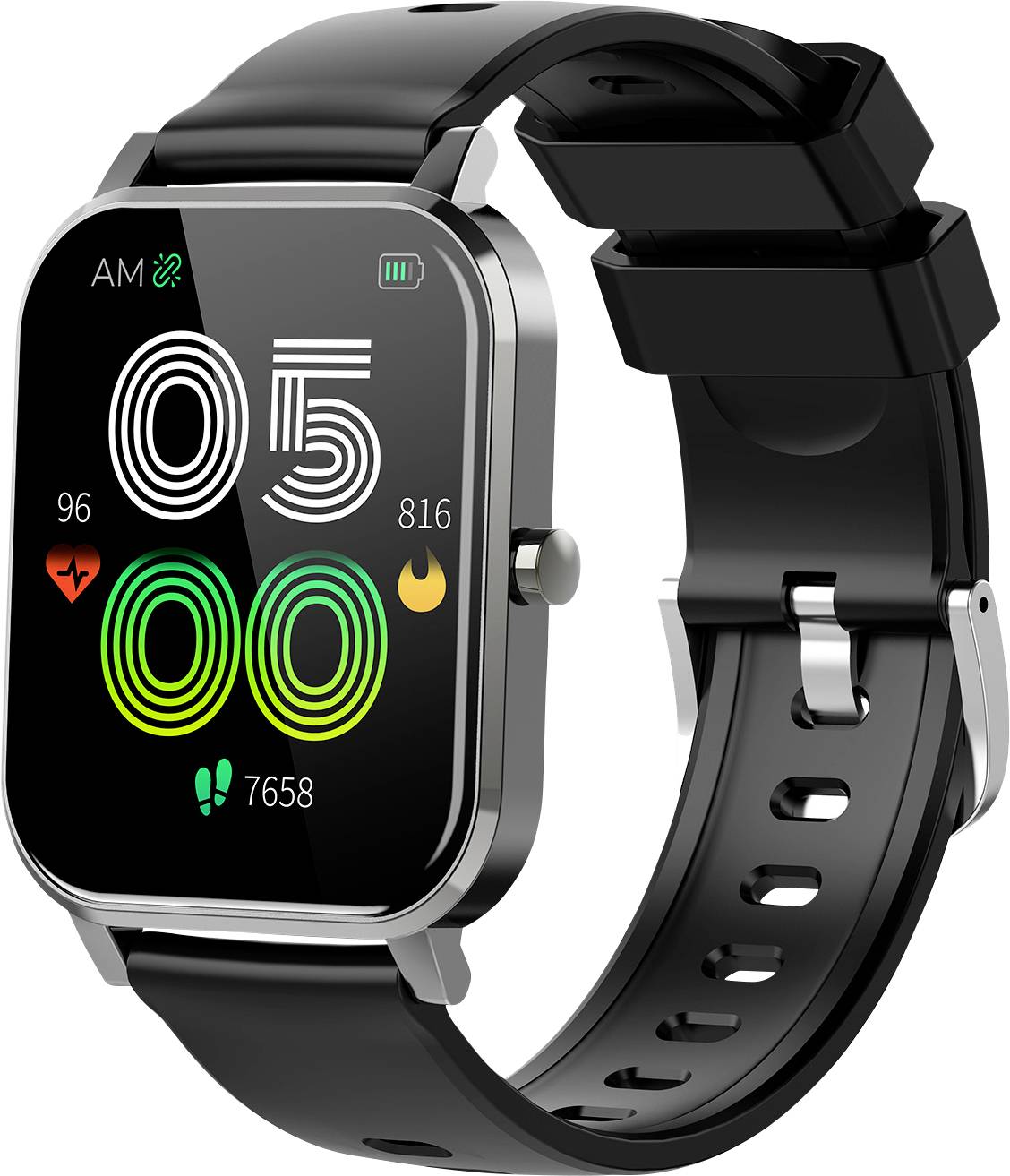 Eine schwarze Smartwatch mit farbigem Display zeigt Uhrzeit, Herzfrequenz, Kalorienverbrauch und Schrittzähler.