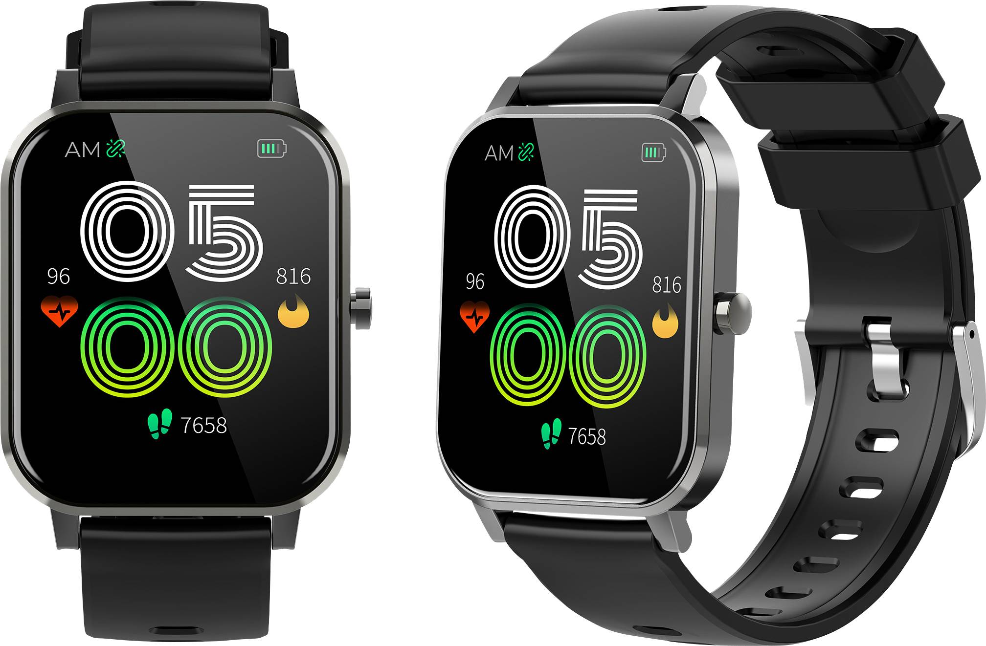 Zwei schwarze Smartwatches mit digitalem Zifferblatt zeigen Zeit, Herzfrequenz (96), Kalorien (816) und Schritte (7658) an.