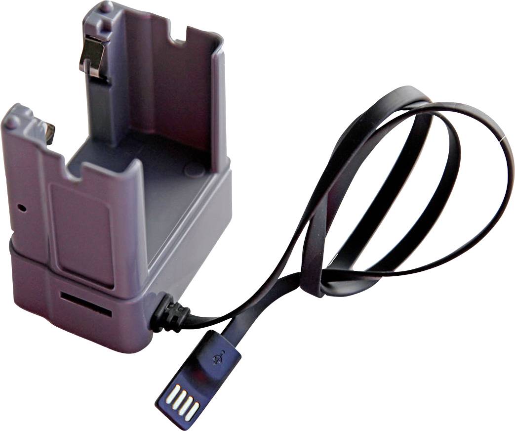 Ladegerät mit USB-Kabel für ein Gerät, graue Halterung und flaches schwarzes Kabel sichtbar.