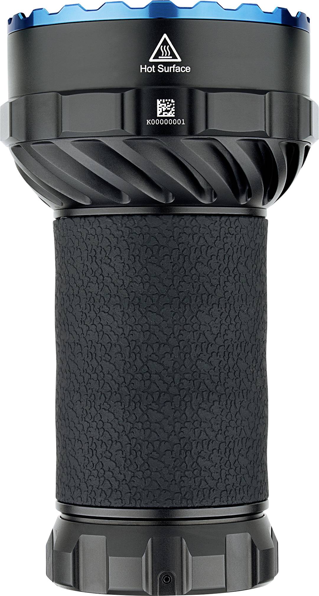 Taschenlampe mit robustem, rutschfestem Griff und Warnhinweis 'Heiße Oberfläche' auf der Oberseite.