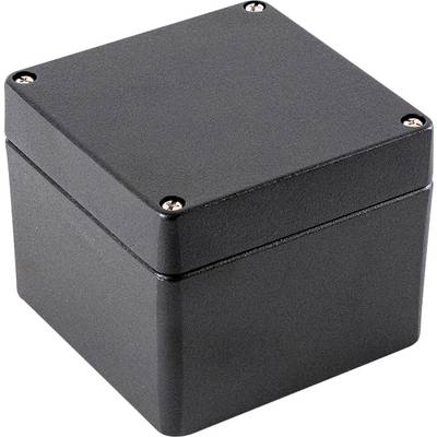 Eine kleine, schwarze, quadratische Metallbox mit Schrauben an den vier Ecken des Deckels.