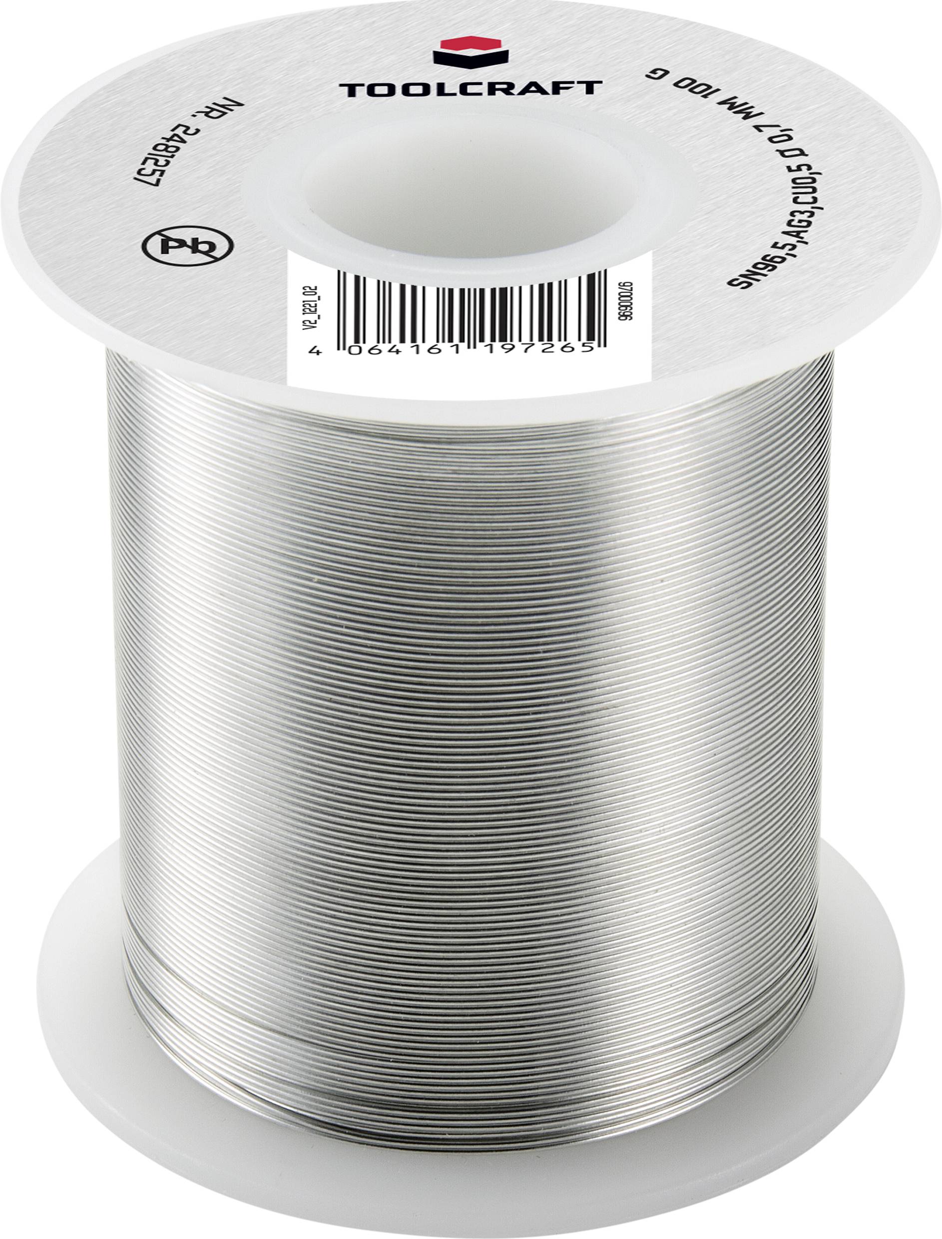 Lötzinn-rolle von TOOLCRAFT mit silberfarbenem Draht, Label mit Barcode und Produktinformationen oben sichtbar.