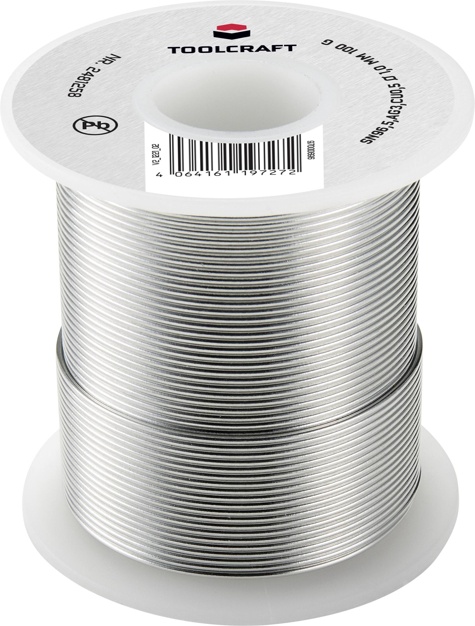 Eine Spule mit Lötdraht der Marke Toolcraft; Draht ist silberfarben und auf einer weißen Plastikspule aufgewickelt.