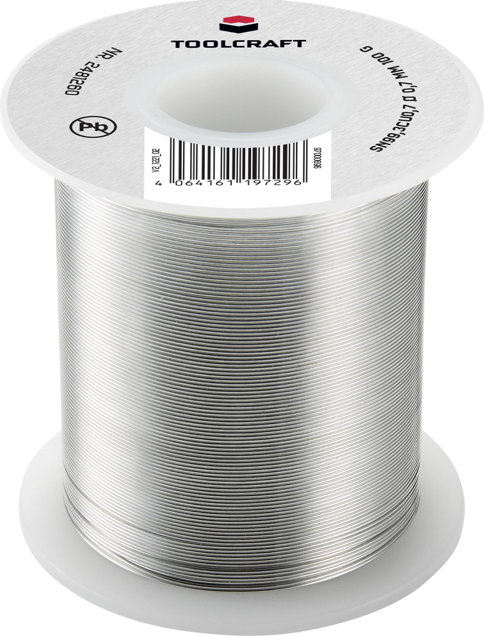 Eine Spule mit silbernem Lötzinn von 'Toolcraft', gekennzeichnet mit Produktdetails und einem Barcode.